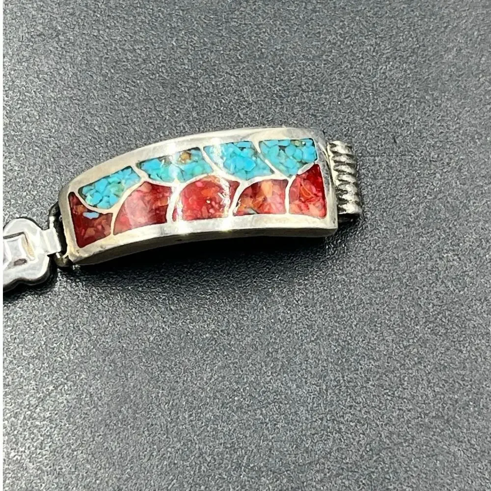 Vintage Native‎ American Sterling Turquoise Coral Expandable Watch Band Bracelet